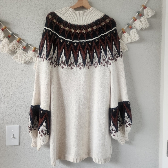 Free People Scotland Wool Blend Fair Isle Knit Puff Sleeve Sweater Dress Mini S - Picture 4 of 12